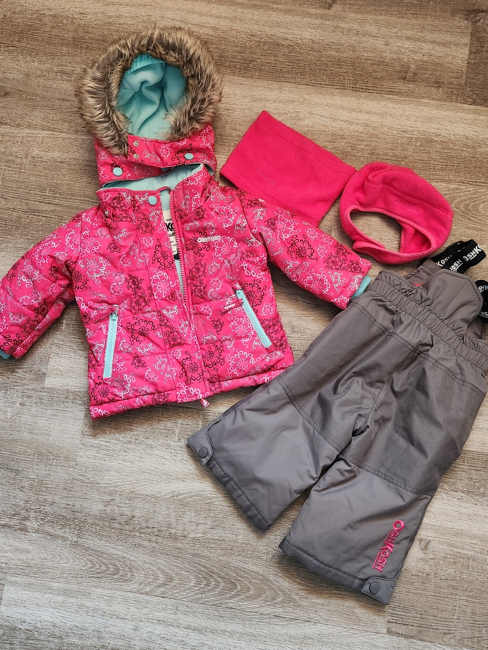 OshKosh B'gosh Hot Pink Floral Puffer Jacket with Gray Snow Pants